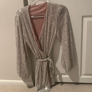 Silver sequin wrap mini dress with removable belt